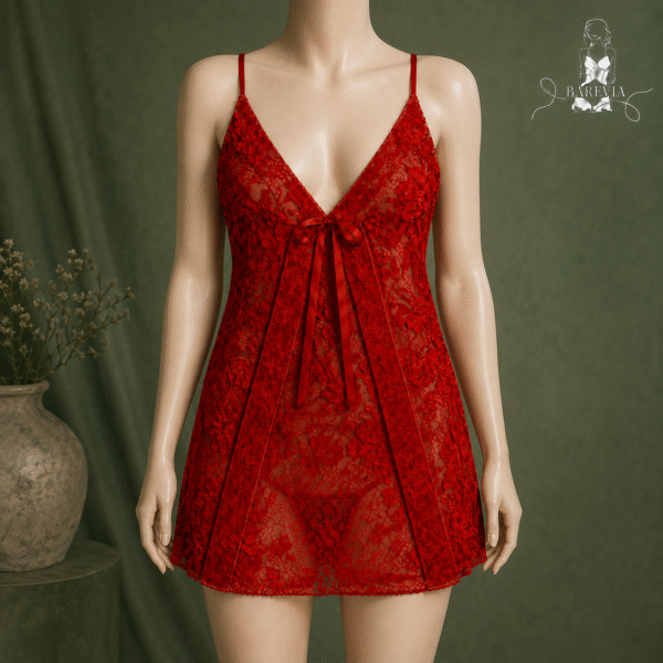 Barevia Red Floral Lace Babydoll Nighty with G-String – 2-Piece Set